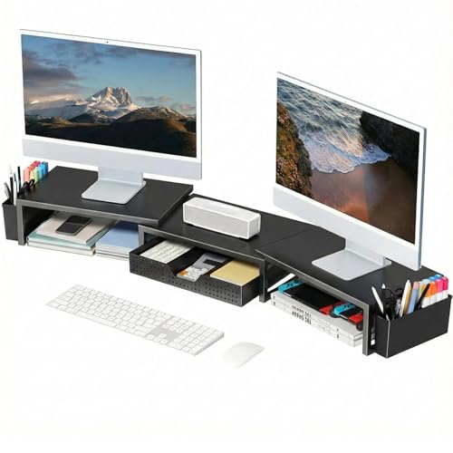 OPNICE Black Dual Monitor Stand Riser with Drawer & Pen Holders - Desk Organizer & Laptop Stand