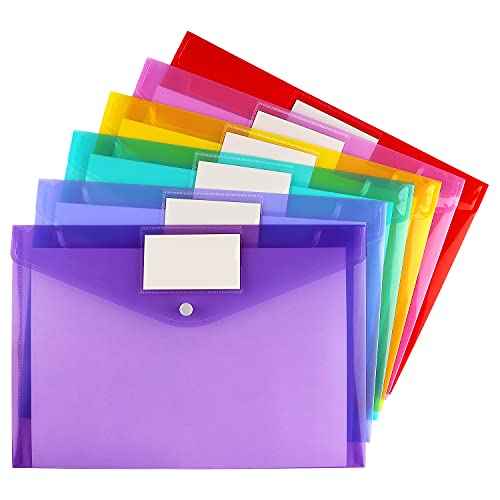 6 Pack Clear Document Folders Plastic Envelopes Poly Envelopes File Envelopes with Label Pocket and Snap Button for Home Work Office Organization, Letter Size/A4 Size, 6 Colors