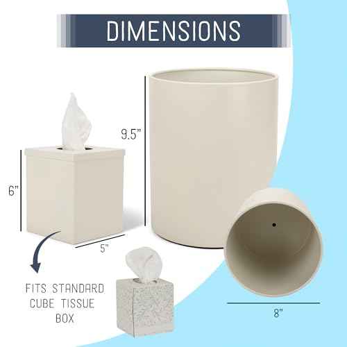 Round Bathroom Trash Can Wastebasket and Cube Tissue Box Holder Organizer Matching Accessory Set of 2, White