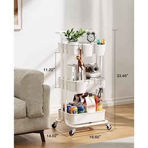 Pipishell 3-Tier Rolling Cart with Wheels - Rolling Storage Cart with Hanging Cups & Hooks - Mobile Utility Cart for Office, Kitchen, Craft Room - Art & Craft Organizer, White, PIUC06W