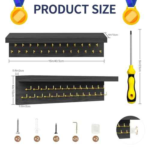 Medal Holder Display Trophy Shelf Organizer, Sturdy Wooden Race Award Hanger Rack with 25 Steel Hooks, Wall Mount Storage Stand for Sports Fans, Cheer Success