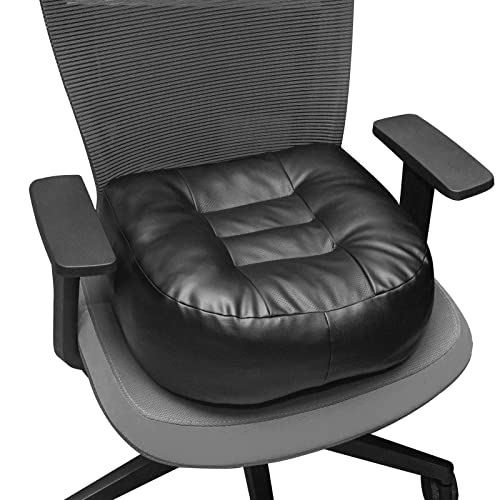 YOUFI Leather Seat Cushion Extra-Thick Booster for Office Chair to Rise Height - Full Filling for Support - with Breathable Cover, Handle and Buckle - Relieves Back Pain ? 18"x16"x6" (Black)