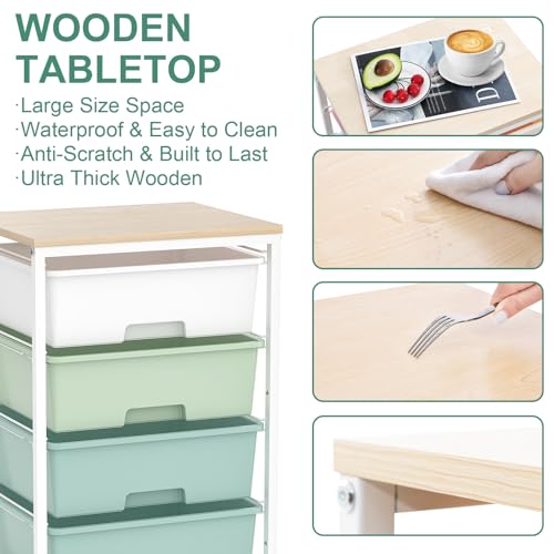 Utility Cart with 4 Drawers,Rolling Storage Cart with Drawers,Storage Rolling Drawer Cart with Wooden Tabletop for Bedroom,Kid's Room,Dorm,Classroom,Office,Green
