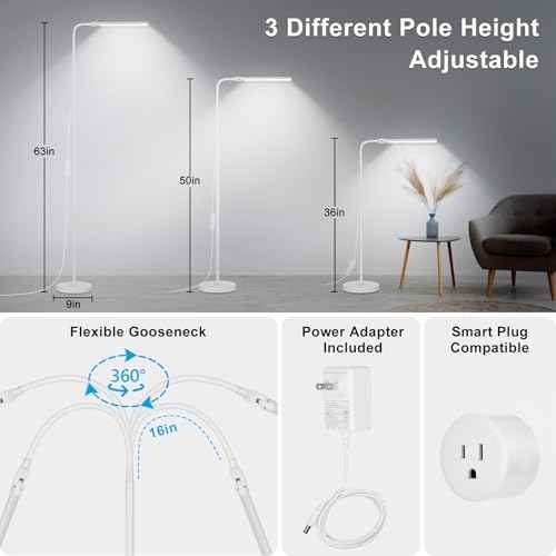 White Floor Lamp, 15W/1800LM Bright LED Floor Lamp for Living Room, Adjustable Gooseneck Dimmable Standing Office Task Lamp for Reading, Study, Eye Caring Lash Light for Sewing Tatoo Facial Spa