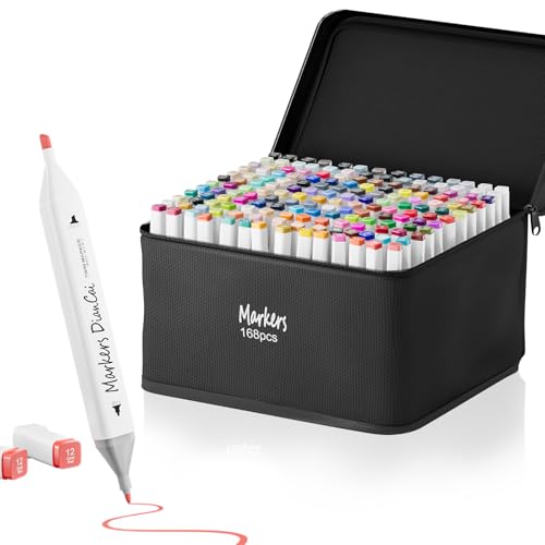 Alcohol Markers, 168 Colors Dual Tip Markers Broad Brush Tip and Fine Tip, Marker for Coloring Drawing Painting Art, Alcohol Marker Set with Case for Adults Kids (White Barrel)