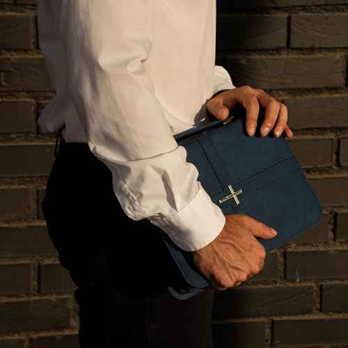 Bible Case, Vibrant & Inspiring Bible Cover, with Romans 8:31 Bookmark, Blue Bible Cover Case for Women or Men, Elegant Bible Bag, Durable Leather Book Cover