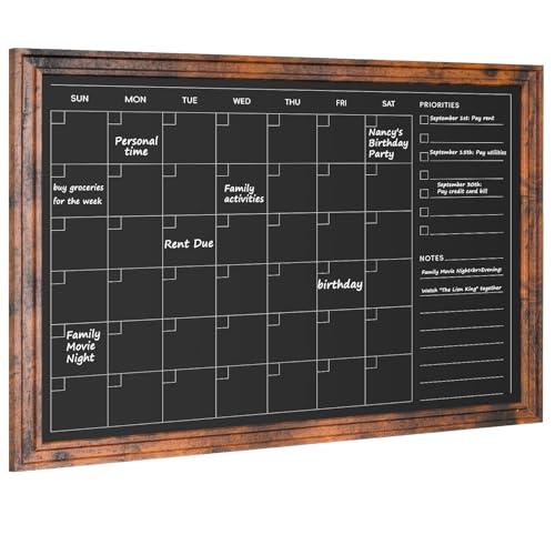 4 THOUGHT Chalkboard Calendar 36" x 24", Magnetic Calendar Chalkboard for Wall Hanging Chalk Boards Sign Menu Board Monthly Planner Rustic Brown Frame for Kitchen Decor Home Office 8 Magnets 1 Marker
