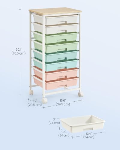 VASAGLE 8-Drawer Rolling Cart with Wooden Top — Multicolor