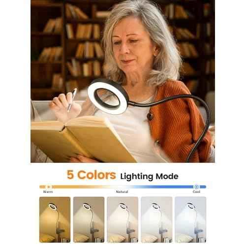 10X Magnifying Glass with Light,5 Colors+10 Brightness Reading Lamp,58 LED Magnifier with Light,750 Lumen Lighted Magnifying Glass for Reading,Clip on Lamp for Desk/Bed/Work/Nail [Adapter]