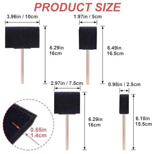 4 Pcs Foam Paint Brushes, 4 Sizes Wood Handle Sponge Paint Brush 1" 2" 3" 4" for Details, Staining, Varnishes, Large Area and DIY Craft Projects