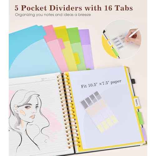 Hardcover Large Spiral Notebook 8.5" x 11" with Removable Dividers Tabs, 300 Pages Leather 5 Subject Notebook College Ruled, A4 Journal for Women Men, Notebooks for Work School Note taking,Black