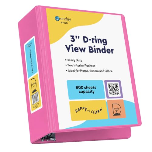 Enday 3-Inch Pink Heavy Duty 3 Ring Binder - 600 Sheet Capacity for School Office Home