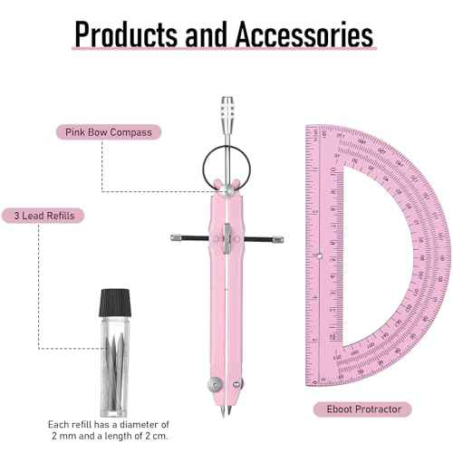 EBOOT Student Geometry Math Set, Metal Drawing Compass and 6 Inch Clear Swing Arm Protractors 180 Degree Math Protractor(Pink and Pink)