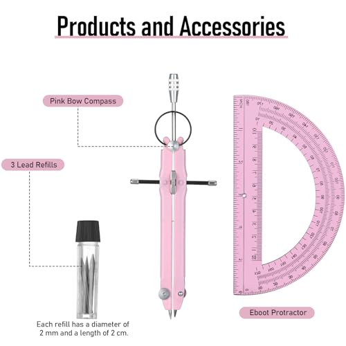 Pink EBOOT Math Geometry Set with 6-Inch Compass & Clear Protractor - Kids & Students