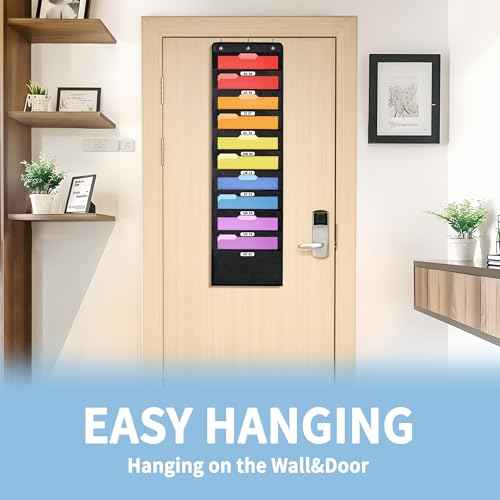 Annecy 10 Pockets Hanging Wall File Organizer, Black Storage Pocket Chart for File Folder and Paper, Space Saver for Office and Classroom, with Wall Hangers, Over The Door Hooks, Labels