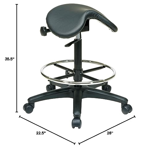Office Star Drafting Backless Stool with Saddle Seat, Foot Ring, Adjustable Seat Angle and Pneumatic Height Adjustment, Black Vinyl