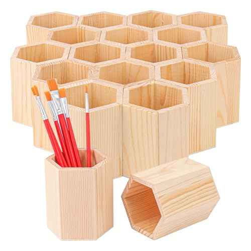 18 Pack Hexagon Unfinished Wooden Pencil Holder, 3 x 3 x 4 Inch Wood Pencil Cup Holder, Wood Crafts Pencil Cup for Desk, Office, DIY Project