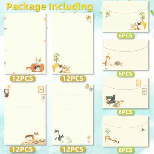 72 Pieces Cute Cat Writing Paper and Envelopes, 8.3x5.6 Inch Stationery Set, 48 Lined Sheets & 24 Envelopes, Kitty Design for Letters, Invitations, Gifts, Holidays, Party Notes