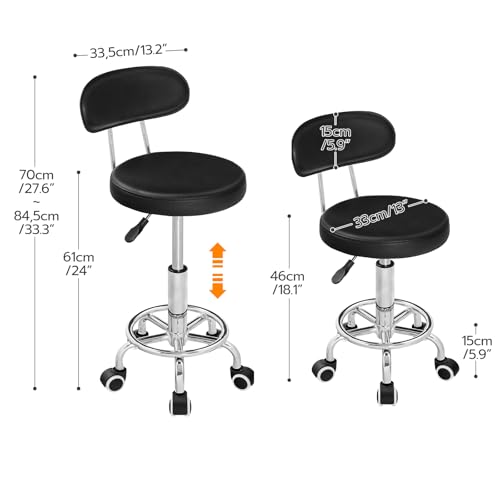 Height Adjustable Rolling Stool with 360° Swivel for Salon & Office - Black