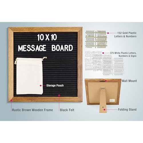 Real Wood Framed Felt Letter Board, Changeable Message Board, 10" x 10", Folding Stand and Wall Mount, 500+ Pieces of White & Gold Letters, Numbers, Words & Symbols, by Better Office Products (Rustic
