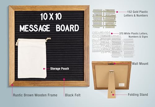 Rustic Brown/Black 10x10 Real Wood Felt Letter Board with Changeable Messages