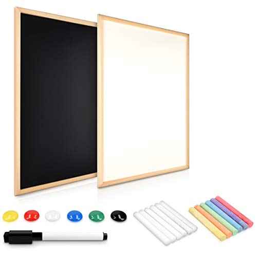 Navaris Double-Sided Chalkboard Whiteboard - 16" x 24" Wall Blackboard Magnetic Dry Erase Message Board - Includes Chalk and Magnets - Wood Frame