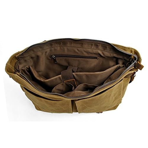 HuaChen Mens Messenger Bag, Vintage Genuine Leather Waxed Canvas Shoulder Bag for 14" Laptop,Rugged Briefcase Satchel