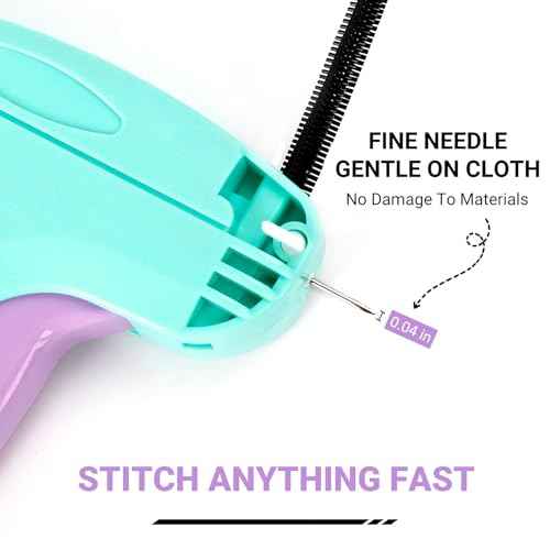 Stitch Gun for Clothes - Handheld Quick Clothing Fixer - Tagging Gun for Clothing, Sewing Kit - Includes 6 Fine Needles, 1000 Black & 1000 White Fasteners (Purple Green)