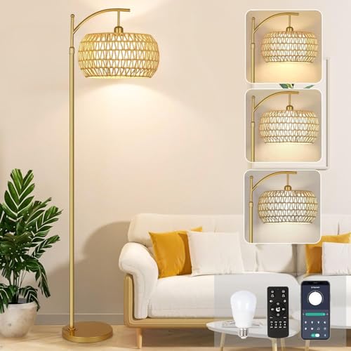 Gold Floor Lamps for Living Room Boho Rattan Floor Lamp with Remote Control & Wicker Lampshades,Vintage Brass Standing Lamp Dimmable Tall Floor Lamp for Bedroom Living Room Corner
