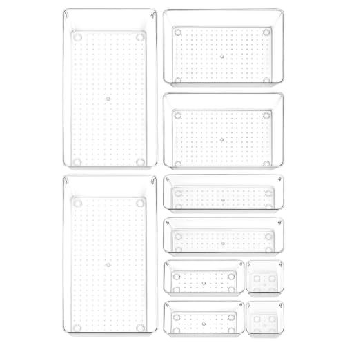 10 Pack Clear Drawer Organizer Trays - 5 Sizes Non-Slip Storage Bins