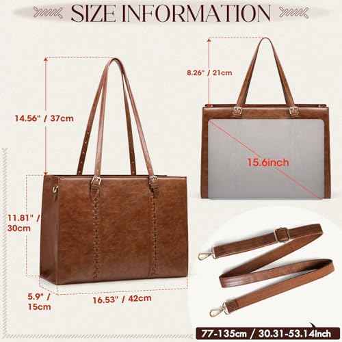 RAINSMORE Laptop Bag for Women, 15.6 inch Laptop Tote Bag PU Leather Computer Work Bag Lightweight Shoulder Handbags, Brown