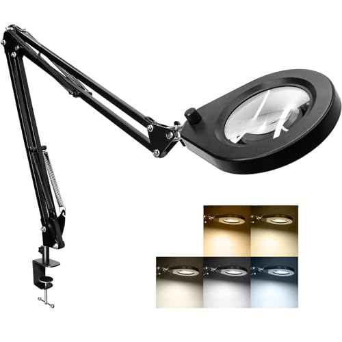 Magnifying Glass with Light and Clamp, 10X Real Glass / 2.5'' Opening Clamp/Lighted Magnifying Glass in 5-Color 10-Level Dimmable/Postioned by Swing Arm/for Close Work Hobbies Precision Tasks