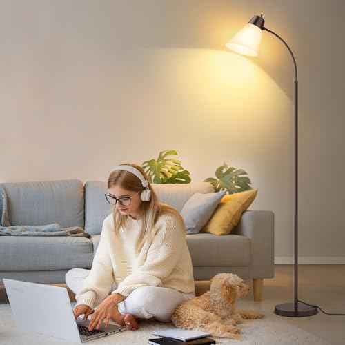 Floor Lamp for Living Room, Adjustable Gooseneck Standing Lamp with White Plastic Shade, Brown Reading Floor Lamps for Dorm, Bulb not Included