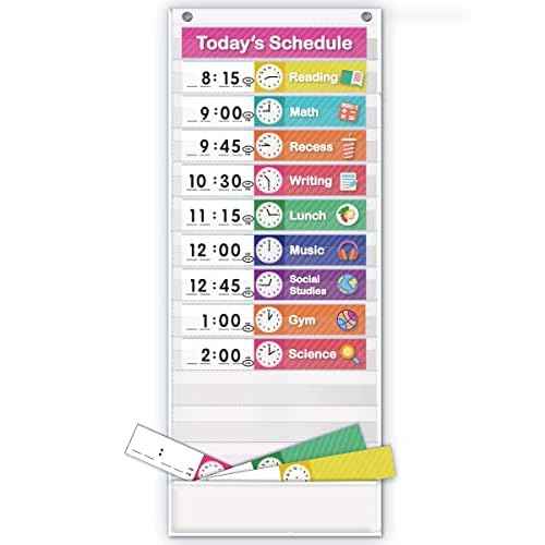 Eamay Daily Schedule Pocket Charts, Teaching Scheduling Pocket Chart, Hoom, Eamay Daily Scheduling Pocket Chart, Pocket Chart with 13+1 Pockets, 18pcs Dry Erase Cards and 2 Hooks (White)