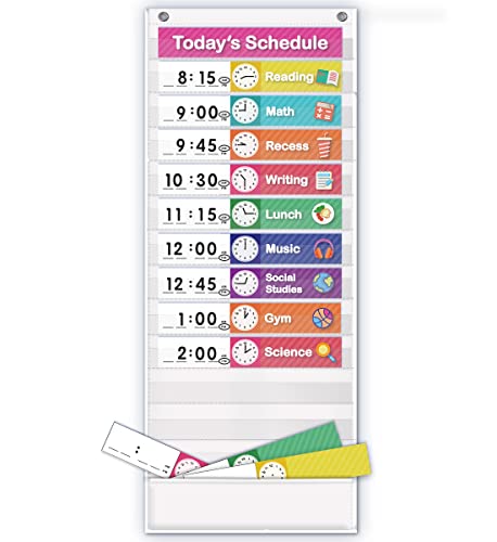 Eamay White Daily Schedule Pocket Chart with 13+1 Pockets & 18 Dry Erase Cards