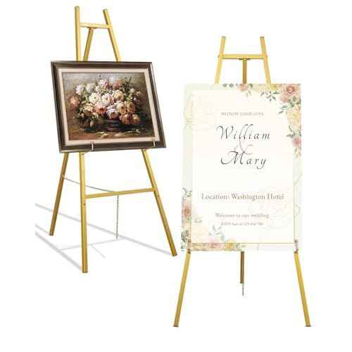 Gold Easel Stand for Wedding Signs with Adjustable Chain, Heavy Duty Metal Display Stand for Art, Welcome Signs, Posters, Pictures, Paintings,Posters & Commercial Display