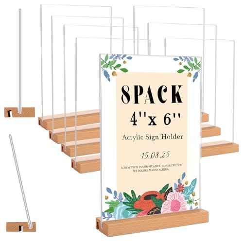 Smarpau 4x6 Acrylic Sign Holder with Wood Base, 8 Pack L/T Shape 2 in 1 Table Sign Stand Vertical or Slant Back Display, Photo Picture Frame, Menu Holder for Restaurant, Office, Store, Wedding