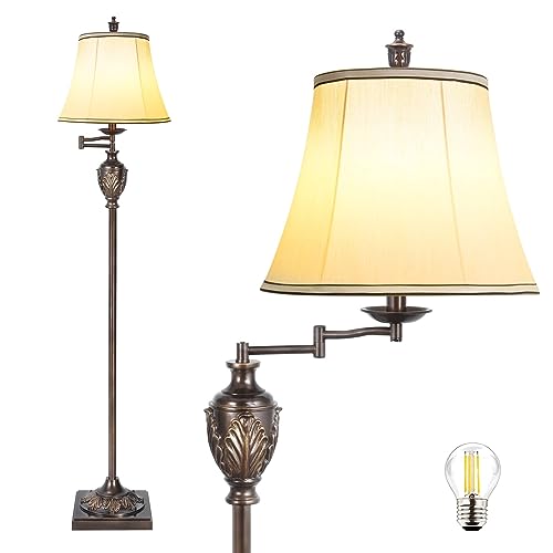 Traditional LED Floor Lamp with 350¡Æ Adjustable Swing Arm Lamp ? Vintage Standing Pole lamp for Living Room, Bedroom and Office ? Rustic Upright Floor Light for Home D?cor with Faux Silk Fabric Shade