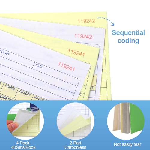 Joyberg 4-Pack Receipt Book with Carbon Copies 2-Part White & Yellow, 40 Sets/Book, 4.17 x 7.2 in