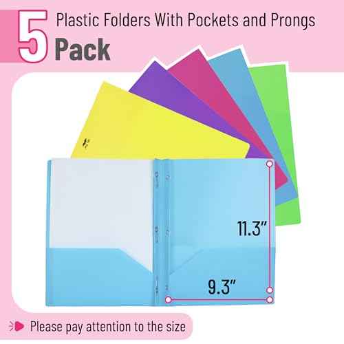 Mr. Pen- Plastic Folders with Pockets and Prongs, 5 Pack, Letter Size, Flexible Plastic Folders with Prongs