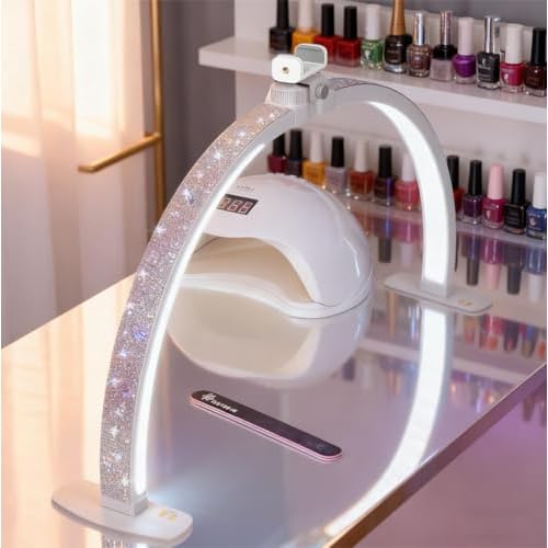 Half Moon Light for Nail Desk with Phone Holder, 29IN Folding Half-Moon Light with Shinning Diamond, LED Lamp for Nail Art, Eyelash Extension, Tattooing, Skin Management, Color Temperature 3000-6500K