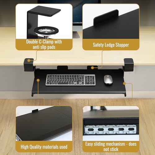 Keyboard Tray Under Desk Slide Out ? Large 27" (31" Wide with Clamps) Computer Drawer Pull Out with Sturdy C-Clamp Mount, Ergonomic Keyboard Holder Under Desk Tray, Black