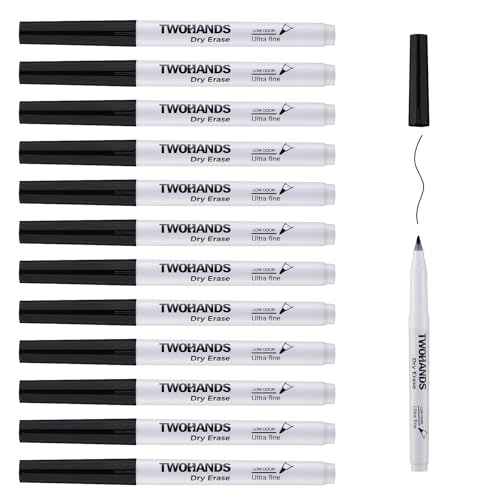 TWOHANDS Dry Erase Markers Fine Tip Black,Ultra Fine Extra Fine Point 0.7mm,Low Odor,Whiteboard Markers for Office,Home,or Planning Whiteboard,12 Count,20574