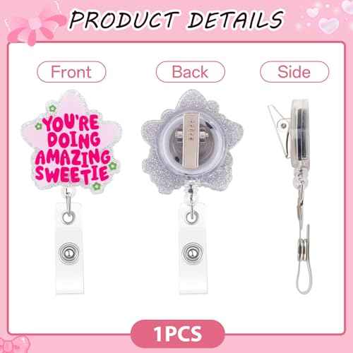 Cute and Funny Nurse Badge Reel, Retractable Nursing Social Worker Badge Reel Accessories, Pink Id Card Holder for Women Girl, You're Doing Amazing Sweetie, Nurse Gifts