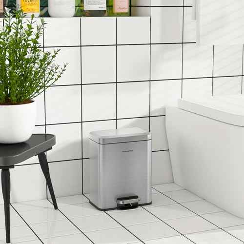 Small Bathroom Trash Can with Lid Soft Close, Stainless Steel Small Garbage Can with Removable Inner Bucket, Step Pedal, Trash Bins for Kitchen, Office, Bedroom, dorm, Brushed Gray (6L/1.6Gal)