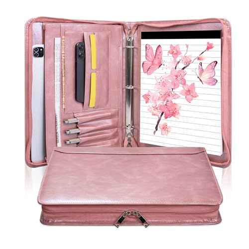 Rose Gold Padfolio,Vegan Leather Portfolio for Women,3-Ring Binder with Zipper, A4 Planner Binder with Laptop Pocket,Legal Size Portfolio,WorkBinder Organizer for Women and Girls