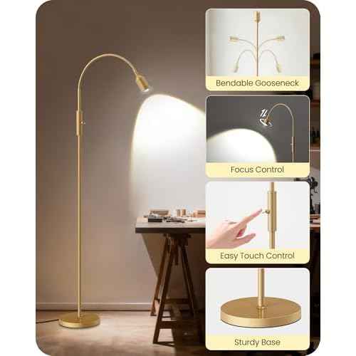 Reading Floor Lamp, 74.2" Tall LED Lamp with, 360¡Æ Flexible Gooseneck & Touch Control, 5000K Cool White LED, Sturdy Base, Crafts Standing Lamp, for Reading, Living Room, Matte Gold D16LD05