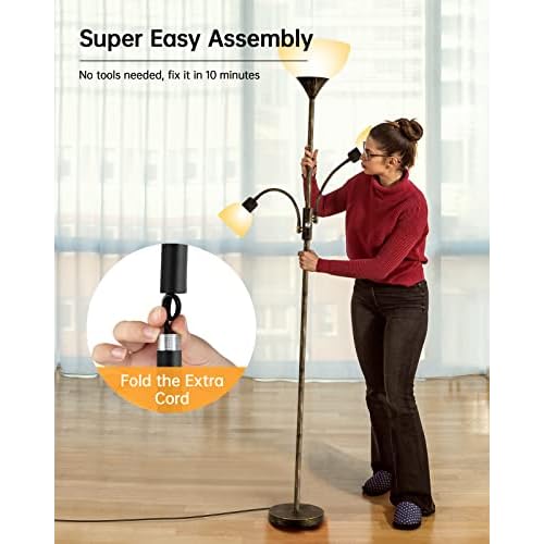 Floor Lamp, Torchiere Floor Lamps for Living Room, 71 Inch Tall Standing Lamp, Bedroom Lamps with Gooseneck Light, Rotary Switch, 3 Plastic Lampshade, Torch Floor lamps for Bedroom (Bronze, No Bulb)