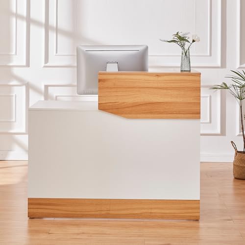 LayBurst 47-Inch Reception Desk with Cable Grommet – Modern White & Wood Counter for Checkout, Lobby