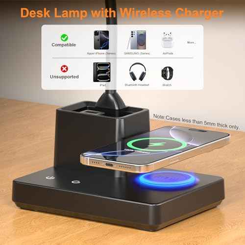 Sailstar Desk Lamp, Table Lamp with Wireless Charger & USB Port, 800LM CRI95 3 Color Modes Dimmable Touch 360¡ÆGooseneck Pen Holder, LED Desk Lamps for Home Office, College Dorm Room, Adapter Included